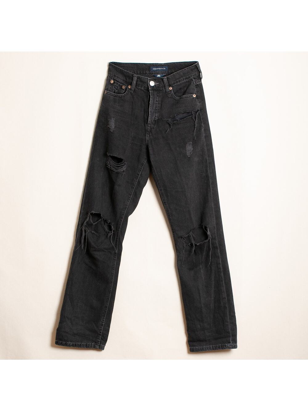 Aeropostale 90s Baggy Distressed Black Jeans Size 00 Reg Button Fly Grunge